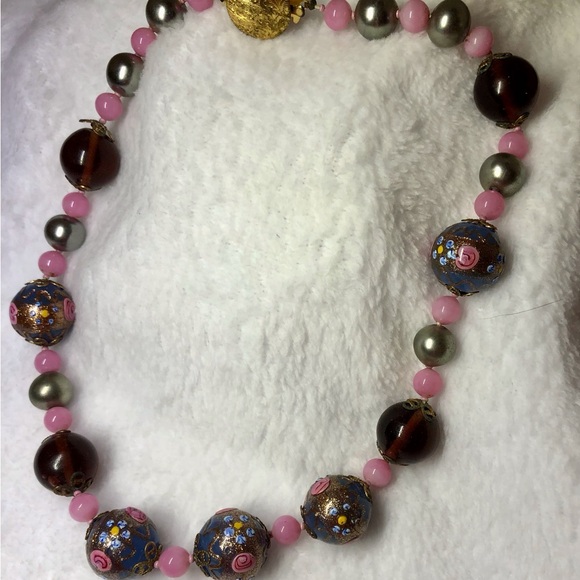 RARE Large Venetian Wedding Cake pink-Purple handmade Glass Bead Necklace 18” - Picture 3 of 15